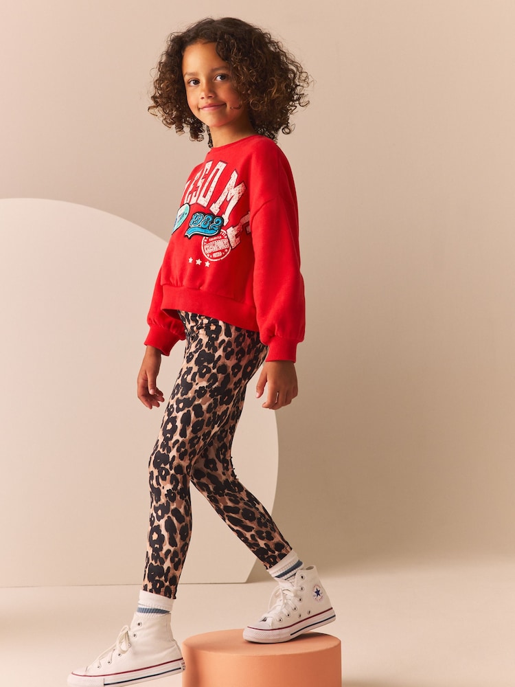 Red Varsity Sweatshirt And Animal Printed Leggings Set (3-16yrs) - Image 1 of 8