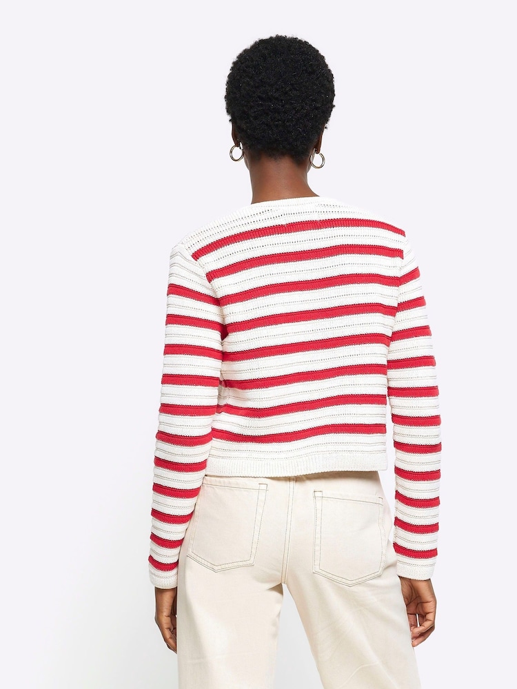River Island Red Stripe Textured Knitted Cardigan - Image 2 of 6 River Island Red Stripe Textured Knitted Cardigan - Image 2 of 6