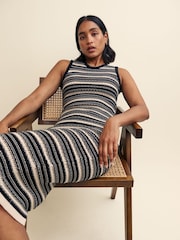 Nobody's Child Black Textured Knitted Stripe Racer Midi Dress - Image 4 of 6