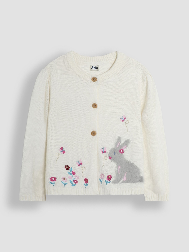 JoJo Maman Bébé Cream Bunny with Embroidered Flowers Cardigan - Image 1 of 3