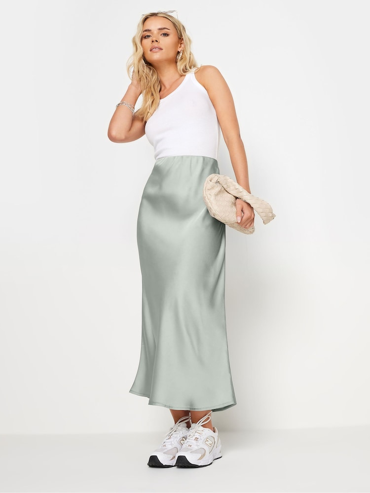 PixieGirl Petite Silver Satin Midaxi Skirt - Image 1 of 5