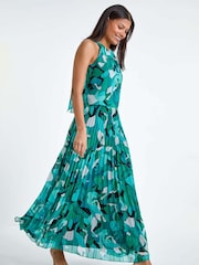 Roman Green Swirl Print Pleated Halterneck Maxi Dress - Image 1 of 5