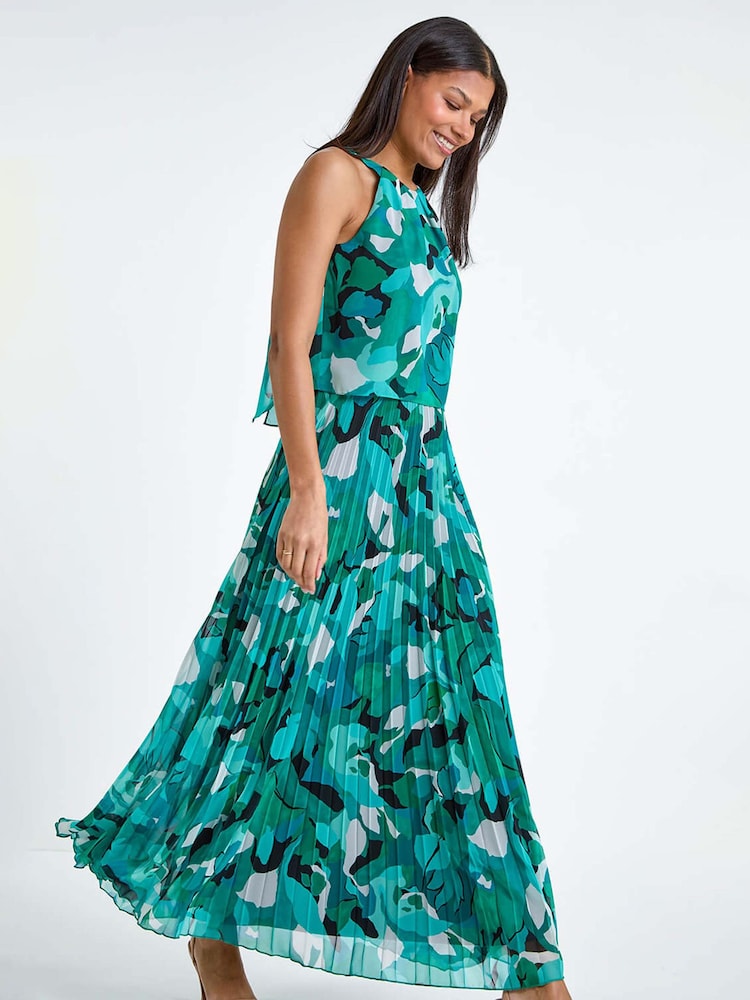 Roman Green Swirl Print Pleated Halterneck Maxi Dress - Image 1 of 5