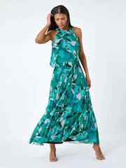 Roman Green Swirl Print Pleated Halterneck Maxi Dress - Image 2 of 5