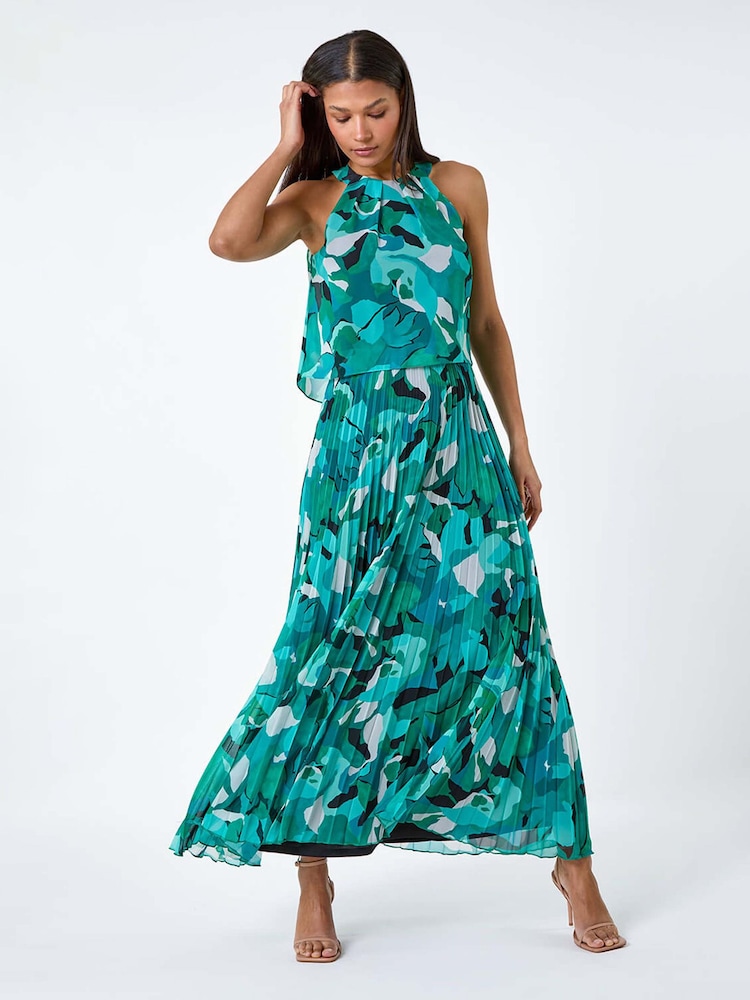 Roman Green Swirl Print Pleated Halterneck Maxi Dress - Image 2 of 5