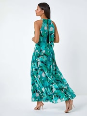 Roman Green Swirl Print Pleated Halterneck Maxi Dress - Image 3 of 5