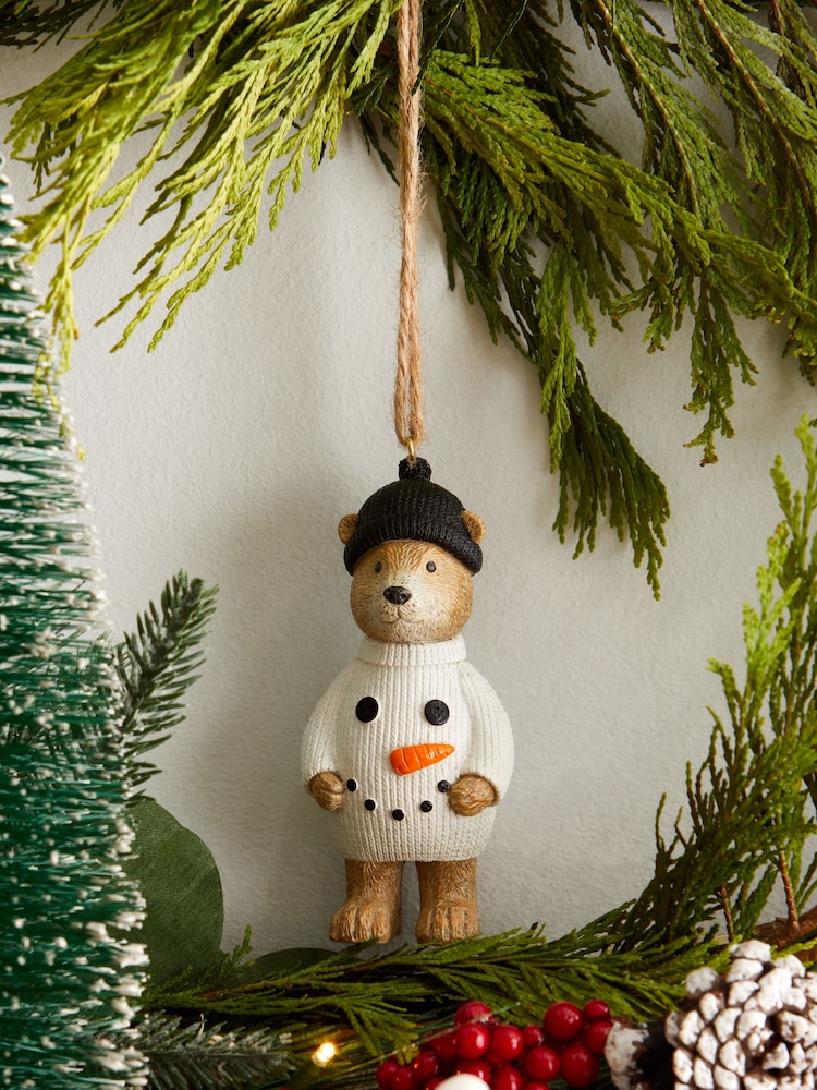 White Bertie Bear Snowman Christmas Bauble - Image 1 of 3