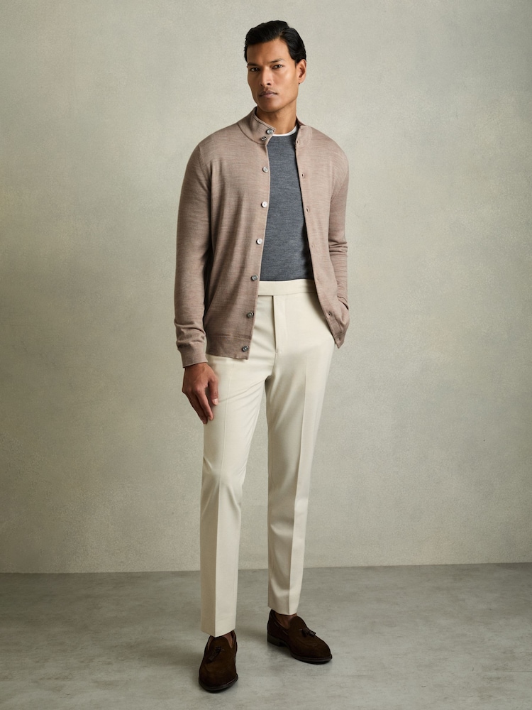 Reiss Wheat Melange Harlow Merino Wool Button-Through Funnel Neck Cardigan - Image 1 of 7