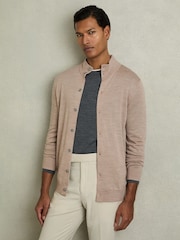 Reiss Wheat Melange Harlow Merino Wool Button-Through Funnel Neck Cardigan - Image 3 of 7