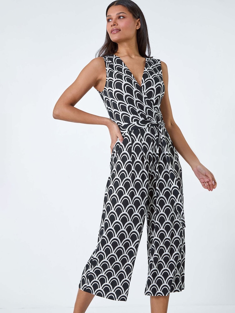 Roman Black Sleeveless Shell Print Stretch Jumpsuit - Image 2 of 5