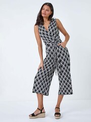 Roman Black Sleeveless Shell Print Stretch Jumpsuit - Image 4 of 5