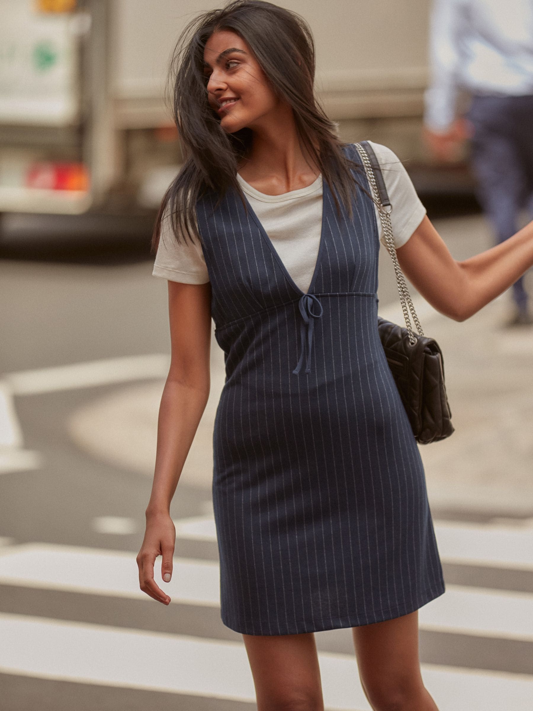 Buy Navy Blue Pinstripe Sleeveless Pinafore Mini Dress from Next USA