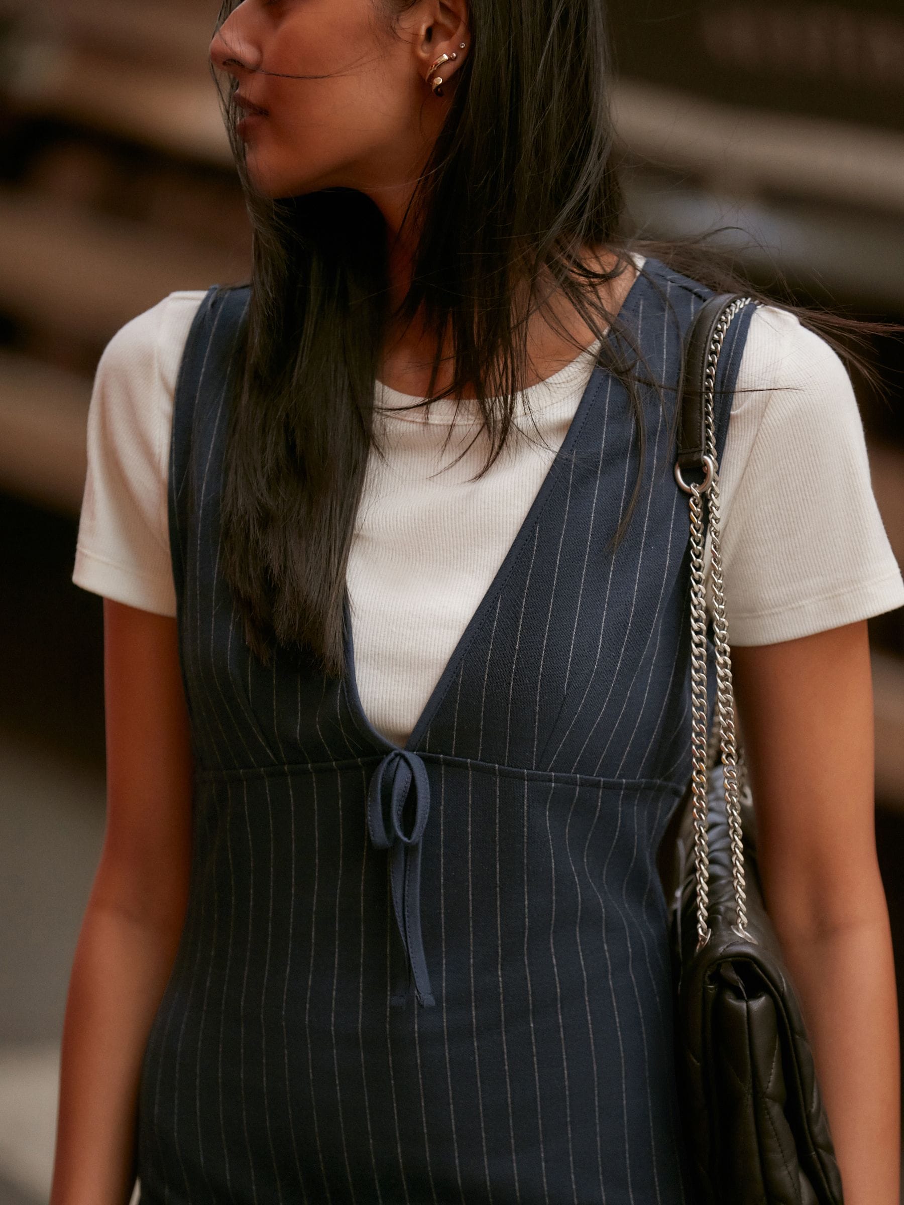 Buy Navy Blue Pinstripe Sleeveless Pinafore Mini Dress from the