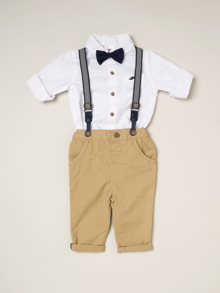 Little Gent Natural 100% Cotton Shirt Bodysuit Bowtie Loop Brace And Trousers Outfit Set - Image 1 of 4