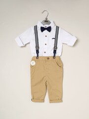 Little Gent Natural 100% Cotton Shirt Bodysuit Bowtie Loop Brace And Trousers Outfit Set - Image 2 of 4