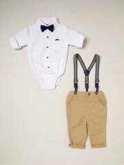 Little Gent Natural 100% Cotton Shirt Bodysuit Bowtie Loop Brace And Trousers Outfit Set - Image 3 of 4