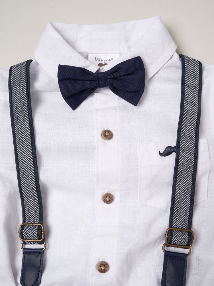 Little Gent Natural 100% Cotton Shirt Bodysuit Bowtie Loop Brace And Trousers Outfit Set - Image 4 of 4