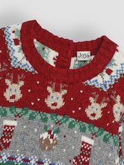 JoJo Maman Bébé Red Knitted Christmas Festive Friends Fair Isle Jumper - Image 3 of 8