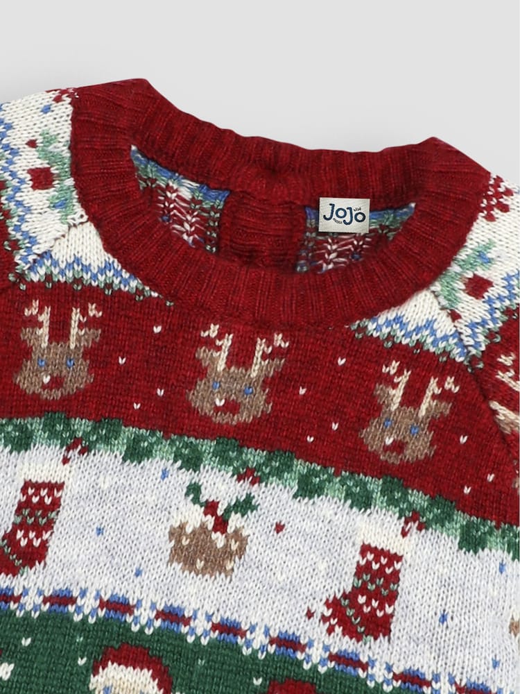 JoJo Maman Bébé Red Knitted Christmas Festive Friends Fair Isle Jumper - Image 6 of 8