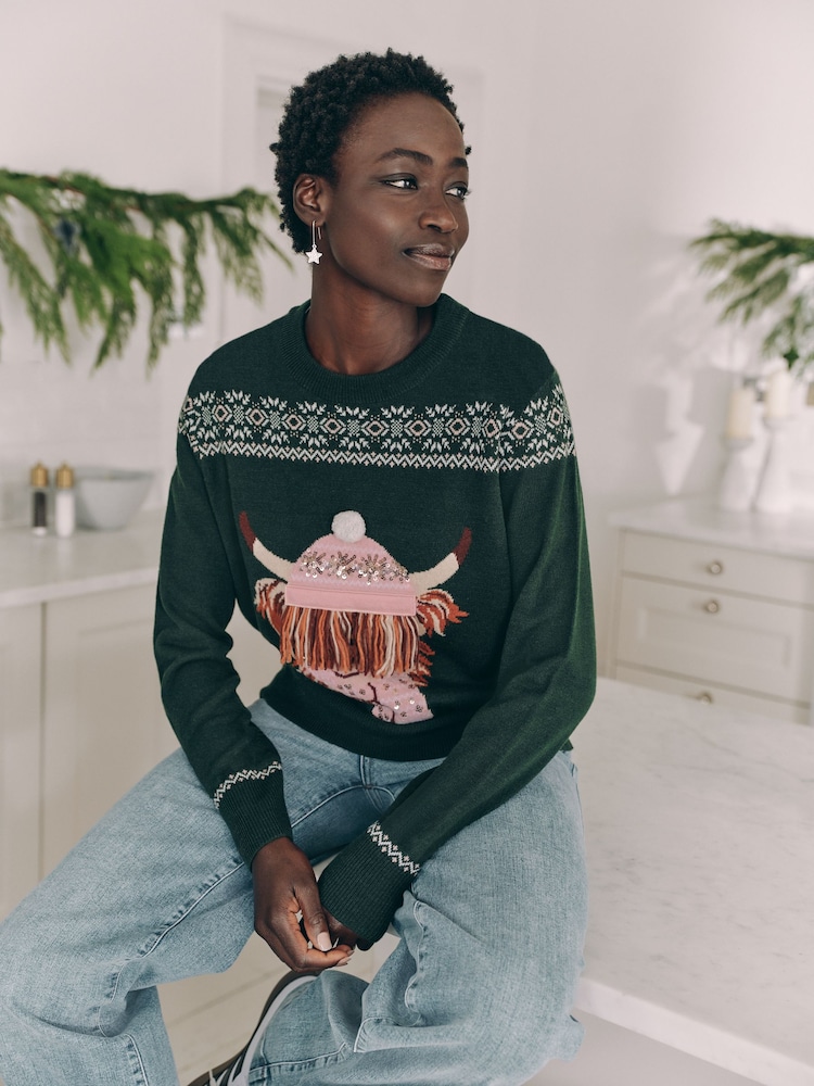 Dark Green Matching Family Womens Christmas Hamish The Highland Cow Jumper with Wool - Image 1 of 8