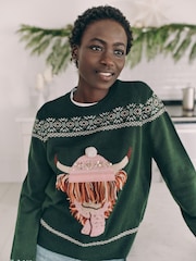 Dark Green Matching Family Womens Christmas Hamish The Highland Cow Jumper with Wool - Image 3 of 8