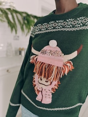 Dark Green Matching Family Womens Christmas Hamish The Highland Cow Jumper with Wool - Image 4 of 8