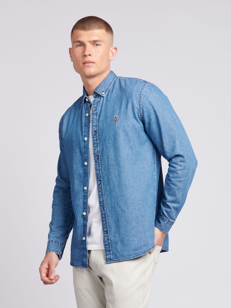U.S. Polo Assn. Blue Mens Chambray 100% Cotton Shirt - Image 1 of 6