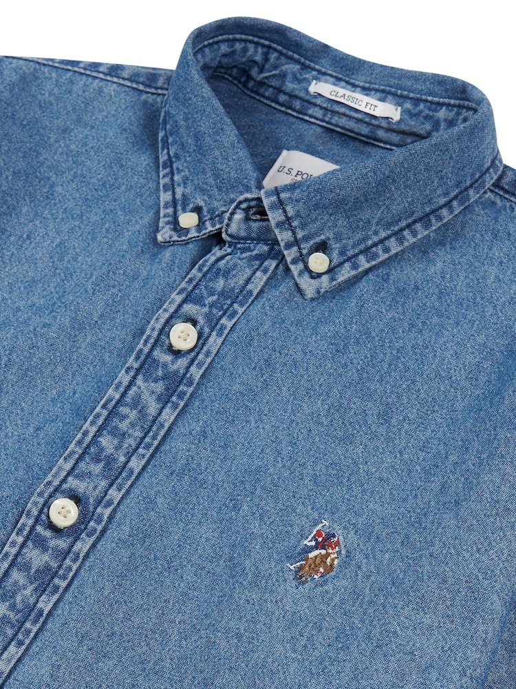 U.S. Polo Assn. Blue Mens Chambray 100% Cotton Shirt - Image 6 of 6
