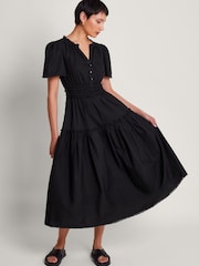 Monsoon Black 100% Cotton Frill Lorena Midi Dress - Image 1 of 5