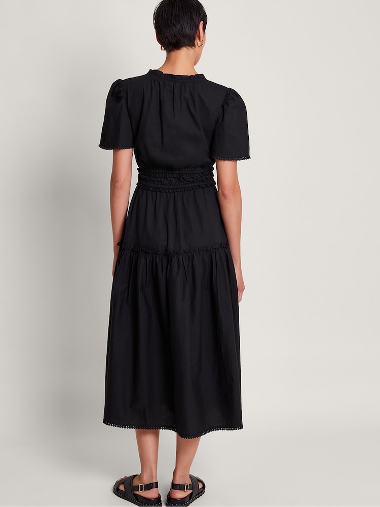 Monsoon Black 100% Cotton Frill Lorena Midi Dress - Image 2 of 5