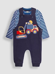 JoJo Maman Bébé Navy Blue Digger Appliqué Dungarees & Top Set - Image 1 of 4