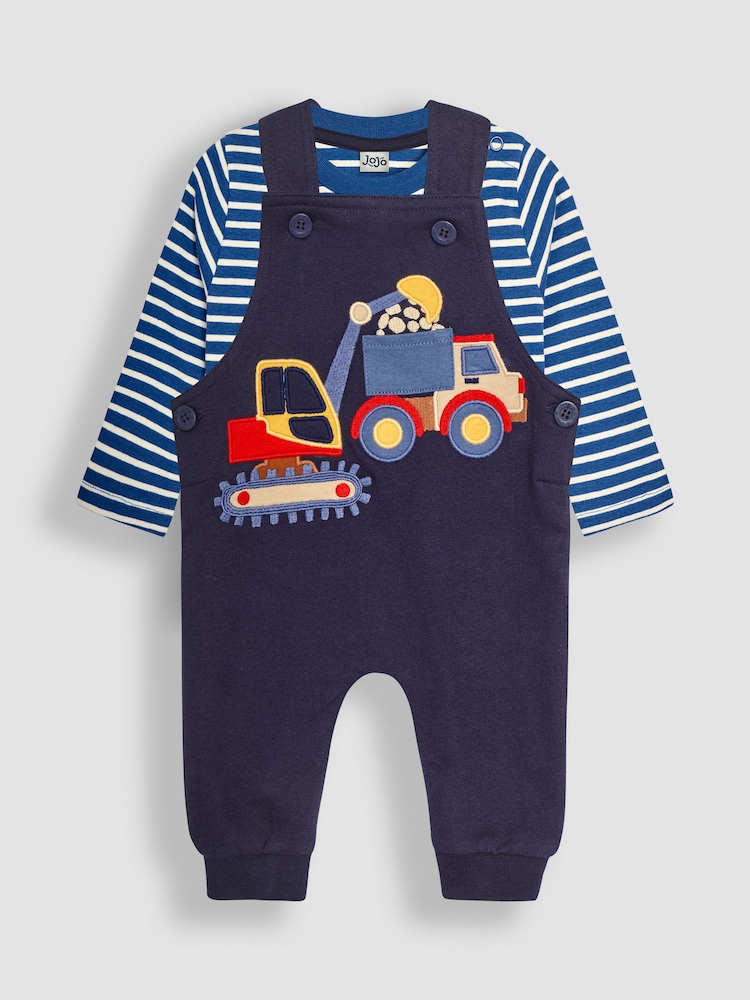JoJo Maman Bébé Navy Blue Digger Appliqué Dungarees & Top Set - Image 1 of 4