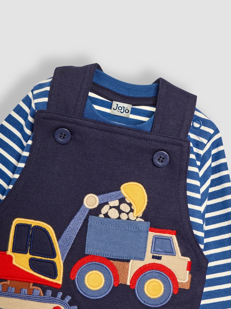 JoJo Maman Bébé Navy Blue Digger Appliqué Dungarees & Top Set - Image 4 of 4