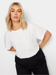 Yours Curve White 100% Cotton Crochet Pocket T-Shirt - Image 1 of 5