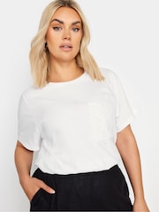 Yours Curve White 100% Cotton Crochet Pocket T-Shirt - Image 4 of 5