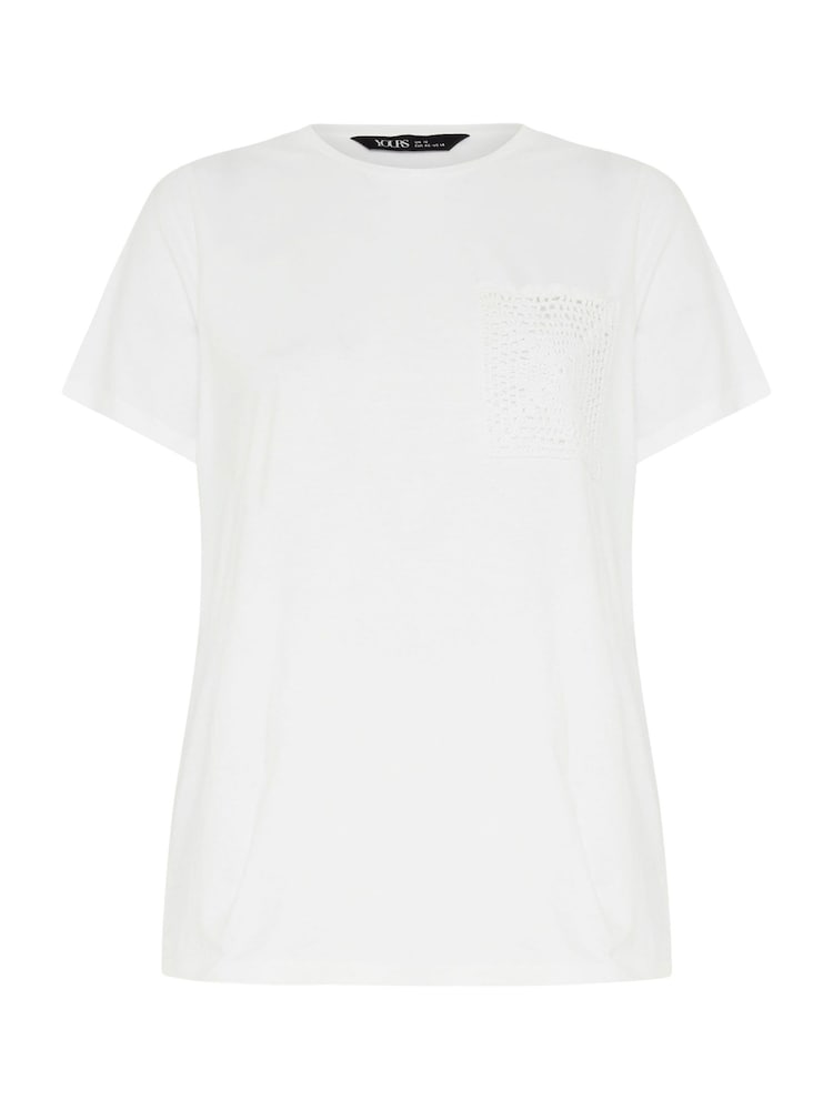 Yours Curve White 100% Cotton Crochet Pocket T-Shirt - Image 5 of 5