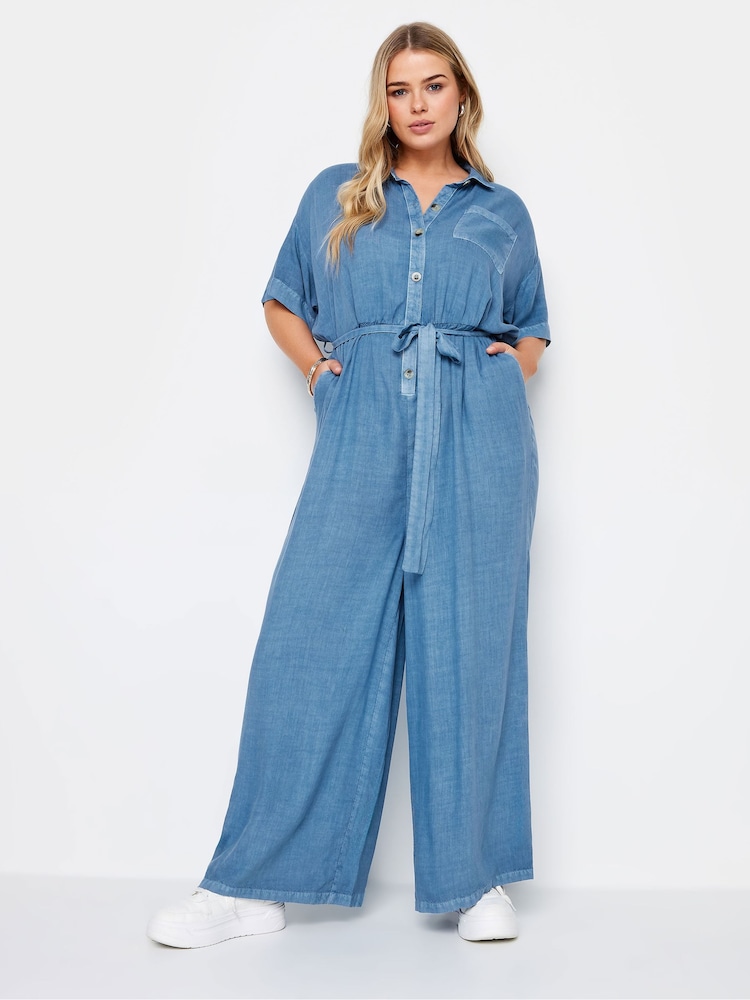Yours Curve Blue Limited Collection Chambray 100% Cotton Wide Leg Jumpsuit - Image 1 of 5
