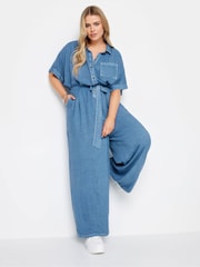 Yours Curve Blue Limited Collection Chambray 100% Cotton Wide Leg Jumpsuit - Image 2 of 5