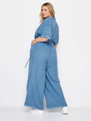 Yours Curve Blue Limited Collection Chambray 100% Cotton Wide Leg Jumpsuit - Image 3 of 5