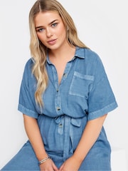 Yours Curve Blue Limited Collection Chambray 100% Cotton Wide Leg Jumpsuit - Image 4 of 5