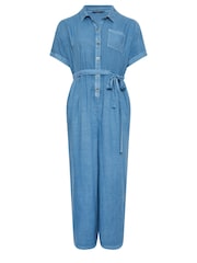 Yours Curve Blue Limited Collection Chambray 100% Cotton Wide Leg Jumpsuit - Image 5 of 5