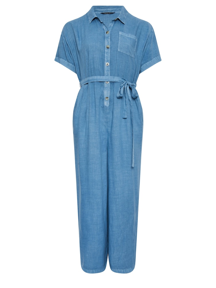 Yours Curve Blue Limited Collection Chambray 100% Cotton Wide Leg Jumpsuit - Image 5 of 5