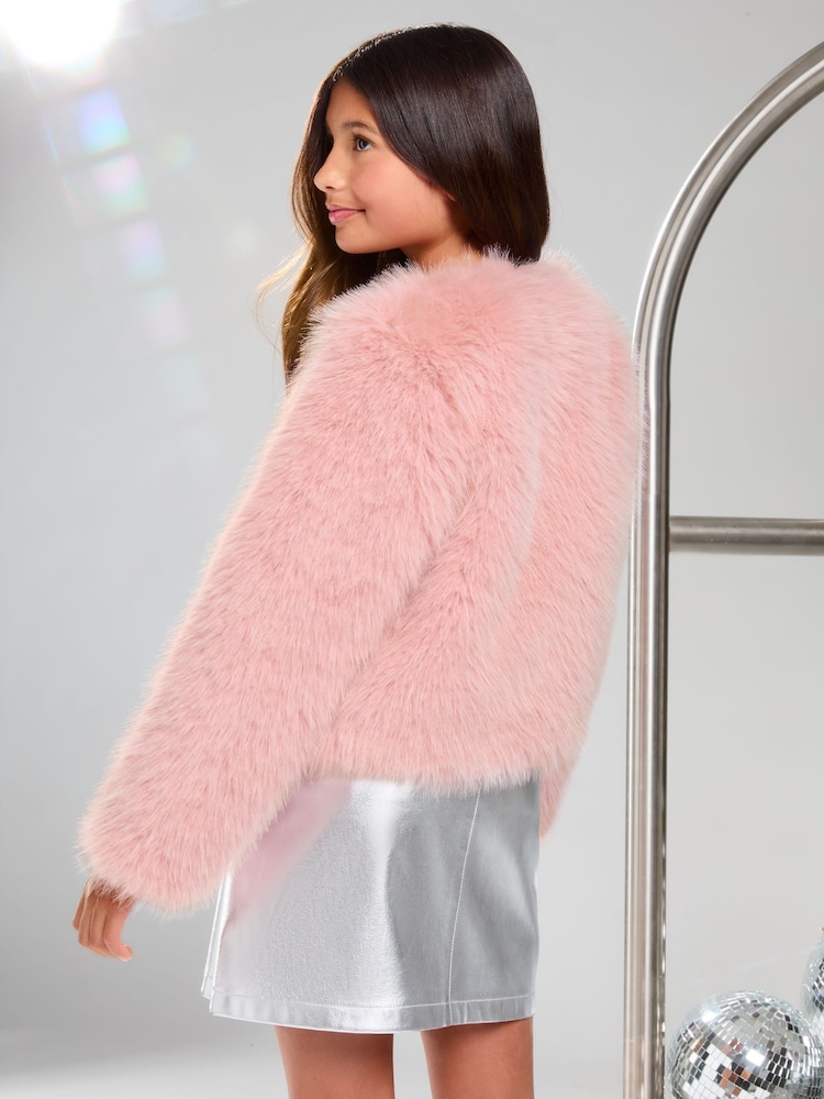 Lipsy Pink Faux Fur Coat (5-16yrs) - Image 4 of 4