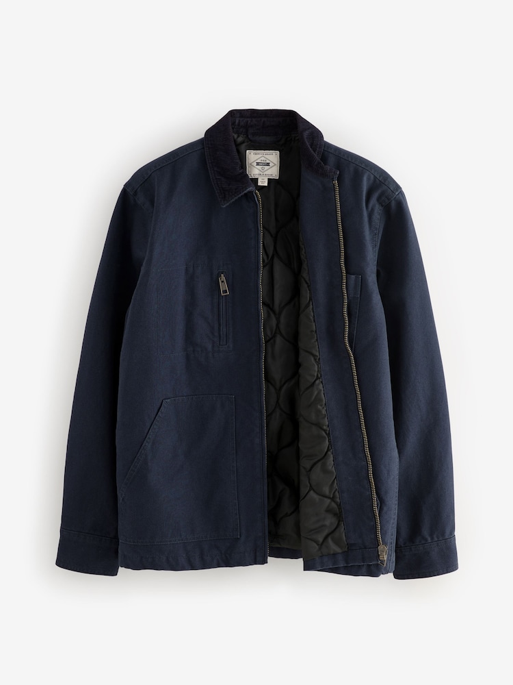 Navy Blue Zip-Through 100% Cotton Quilted Shacket Overshirt - Image 7 of 12