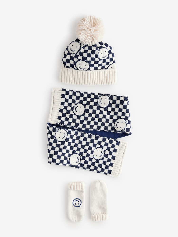 Neutral Check Smile Hat, Scarf And Mittens Set (3mths-10yrs) - Image 1 of 4