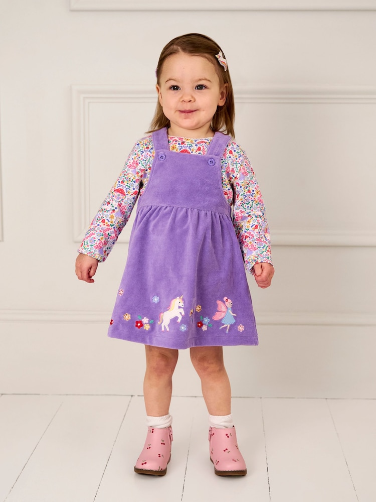 JoJo Maman Bébé Lilac Purple Fairy Velour Appliqué Velour Pinafore Dress And Top Set - Image 1 of 7