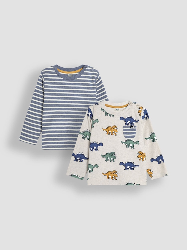 Dinosaurier-Print & Streifen, Natur - JoJo Maman Bébé Long Sleeve 2-Pack Tops - Bild 1 von 5