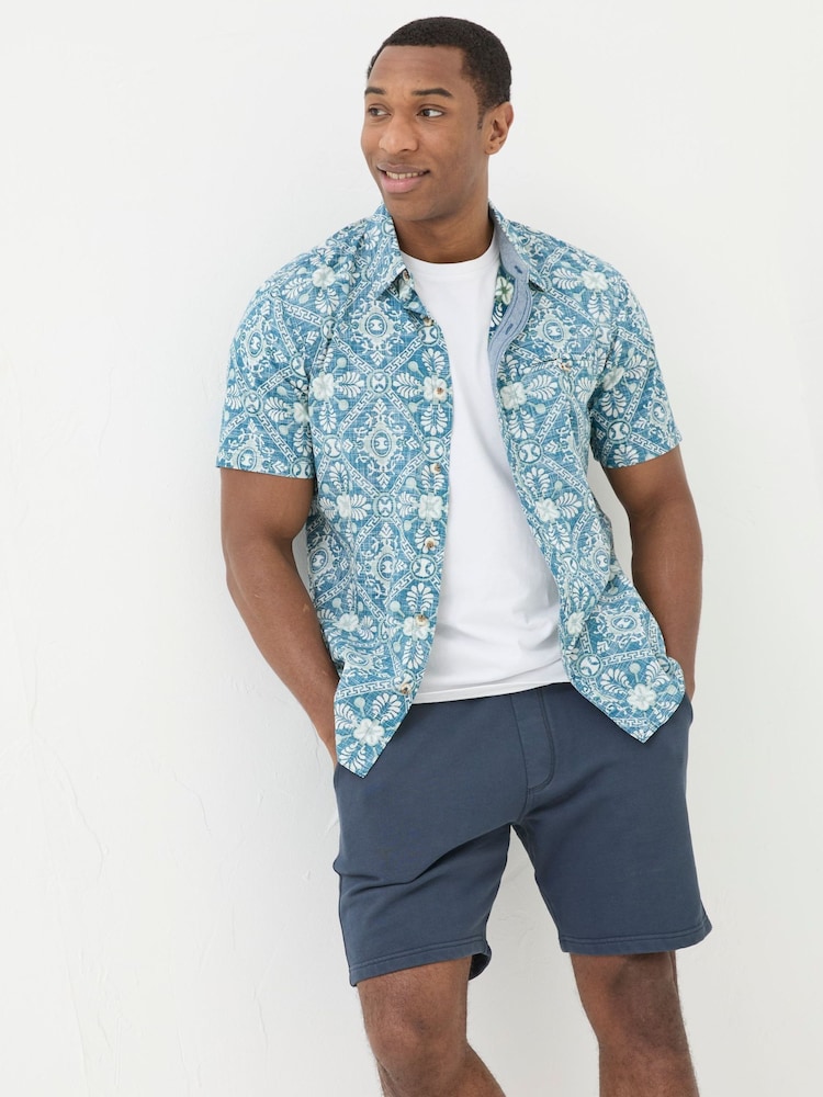 FatFace Blue Short Sleeve Large Tile Print Shirt - Image 1 of 5 FatFace Blue Short Sleeve Large Tile Print Shirt - Image 1 of 5
