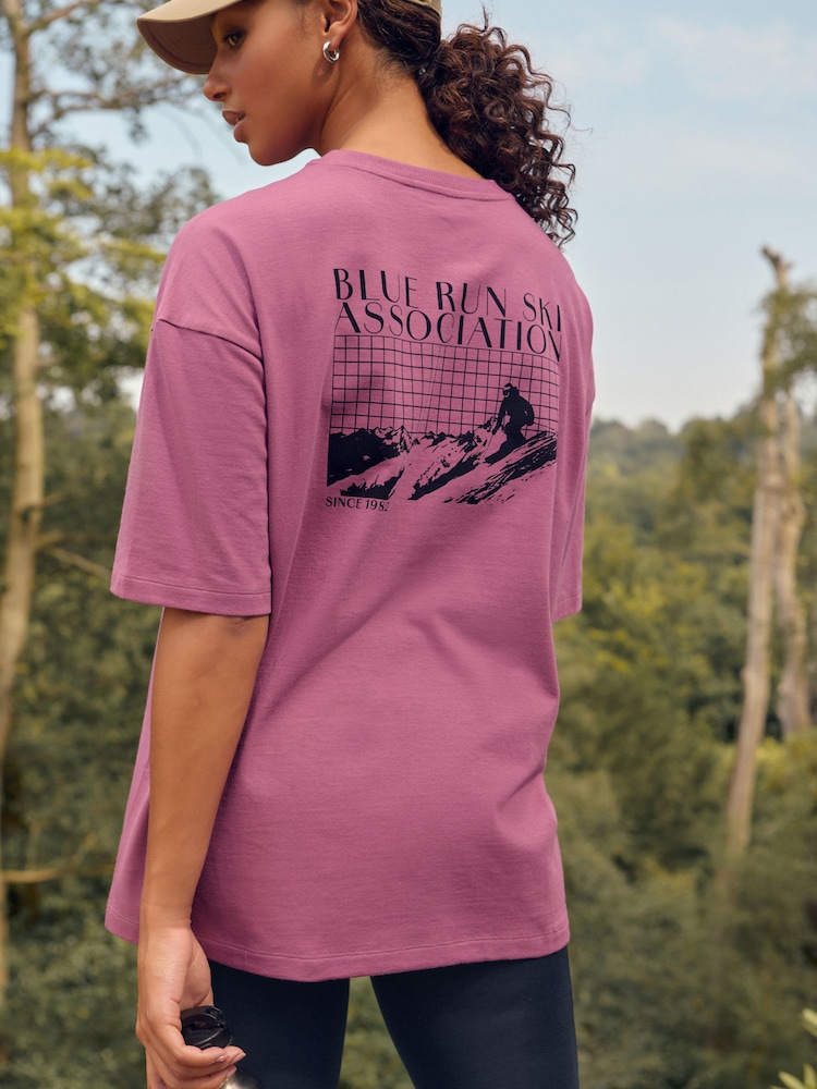 Hot Pink 100% Cotton Back Graphic Sporty Ski Crew Neck T-Shirt - Image 1 of 1