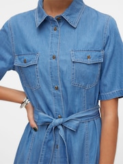 VERO MODA 100 % Baumwolle Kurzärmeliges Denim Midikleid mit Gürtel - Bild 2 von 6